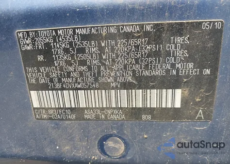 2010 Toyota Rav4 from USA, damaged, VIN 2T3BF4DVXAW057548